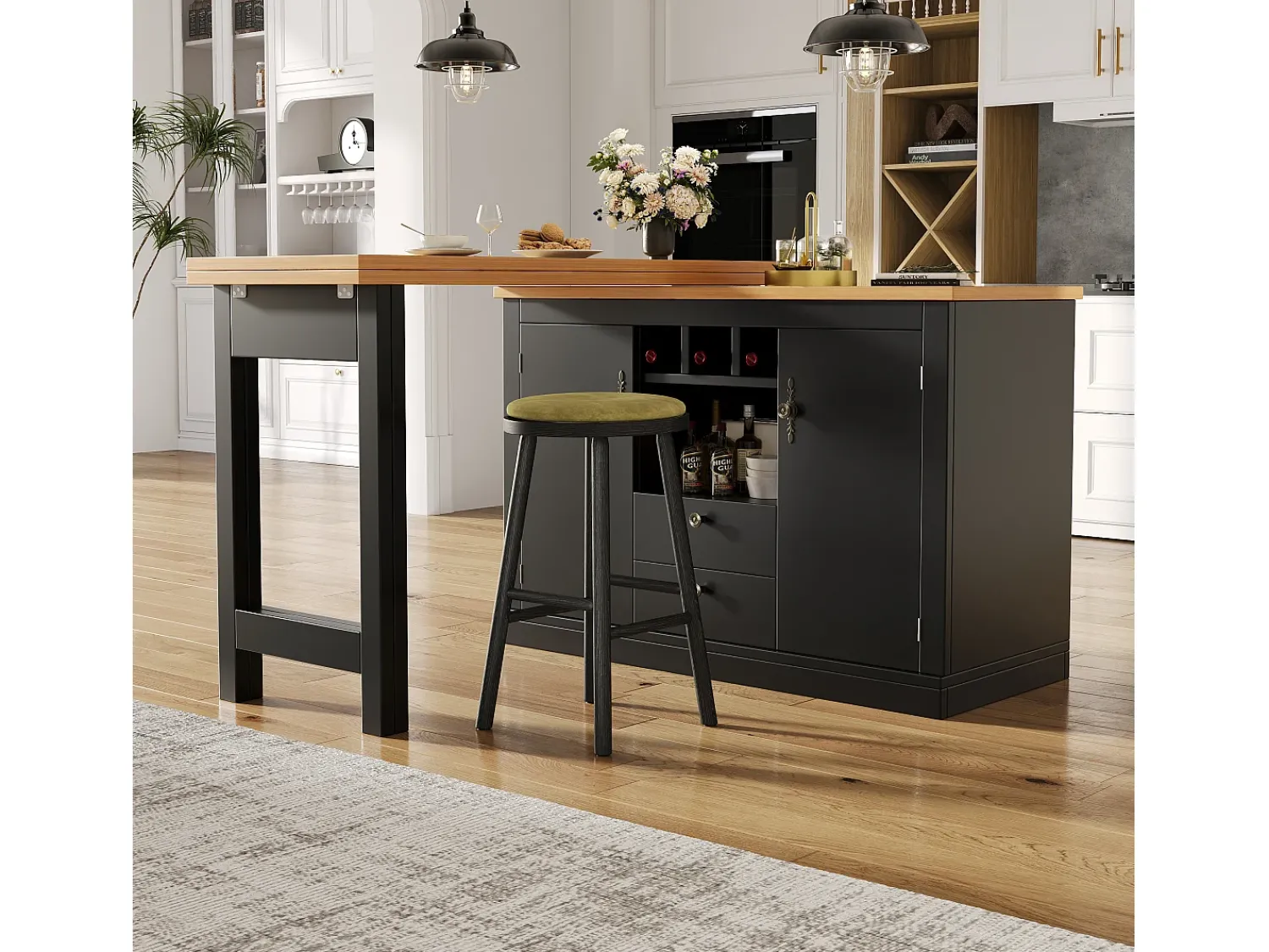 Móvel De Bar*ModernLuxe Móvel de bar de cozinha extensível - e rotação 360° - mesa grande - 180x79.5x71.5 cm - 2 gavetas e 2 portas - 3 adegas - Preto