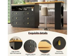 Móvel De Bar|ModernLuxe Móvel de bar de cozinha extensível - e rotação 360° - 203x39x90 cm - 6 gavetas - com prateleiras laterais - Preto