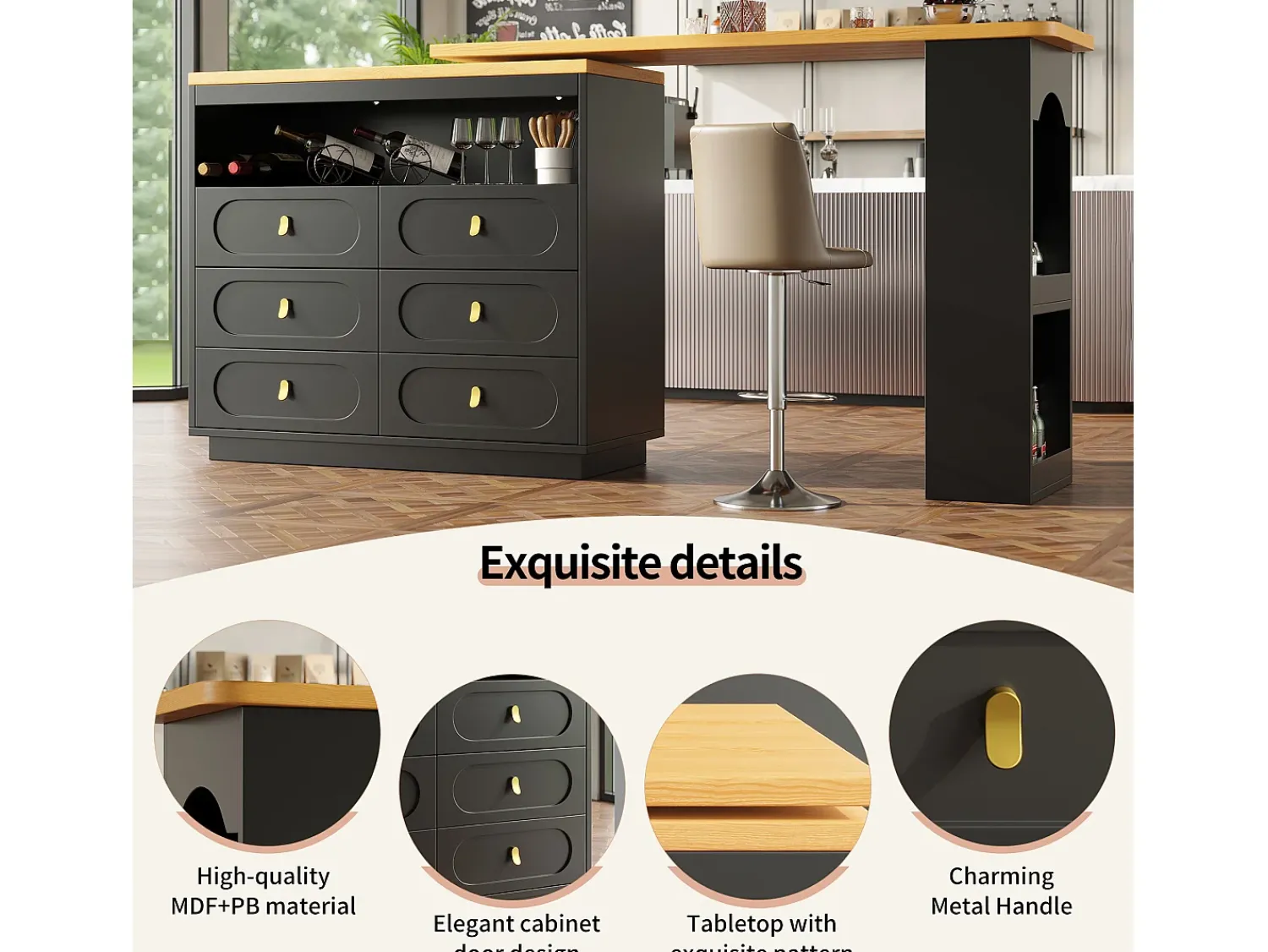 Móvel De Bar|ModernLuxe Móvel de bar de cozinha extensível - e rotação 360° - 203x39x90 cm - 6 gavetas - com prateleiras laterais - Preto