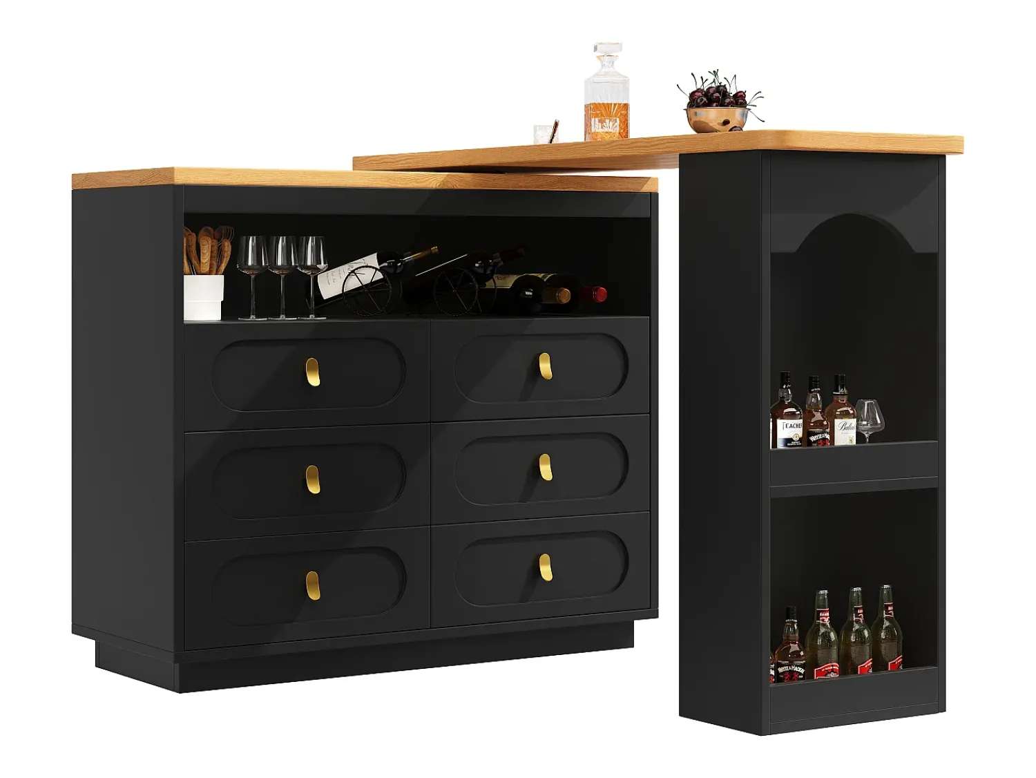 Móvel De Bar|ModernLuxe Móvel de bar de cozinha extensível - e rotação 360° - 203x39x90 cm - 6 gavetas - com prateleiras laterais - Preto