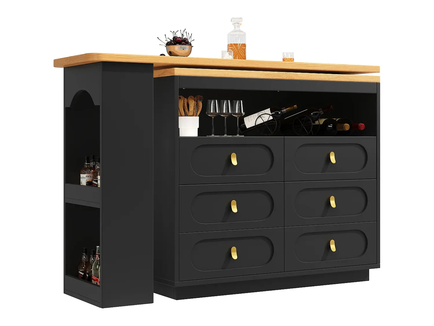 Móvel De Bar|ModernLuxe Móvel de bar de cozinha extensível - e rotação 360° - 203x39x90 cm - 6 gavetas - com prateleiras laterais - Preto