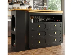 Móvel De Bar|ModernLuxe Móvel de bar de cozinha extensível - e rotação 360° - 203x39x90 cm - 6 gavetas - com prateleiras laterais - Preto