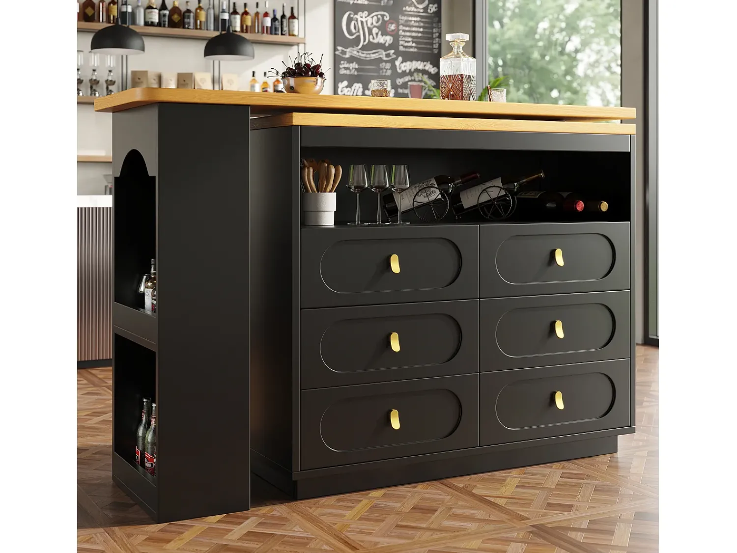 Móvel De Bar|ModernLuxe Móvel de bar de cozinha extensível - e rotação 360° - 203x39x90 cm - 6 gavetas - com prateleiras laterais - Preto