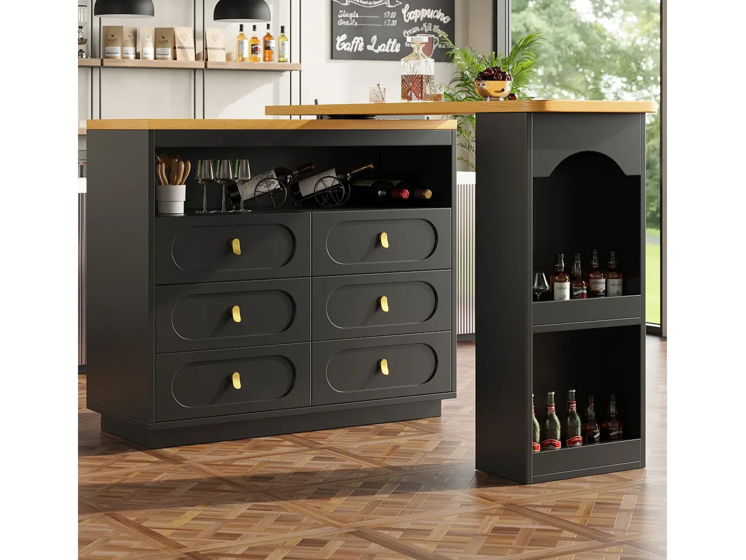 Móvel De Bar|ModernLuxe Móvel de bar de cozinha extensível - e rotação 360° - 203x39x90 cm - 6 gavetas - com prateleiras laterais - Preto