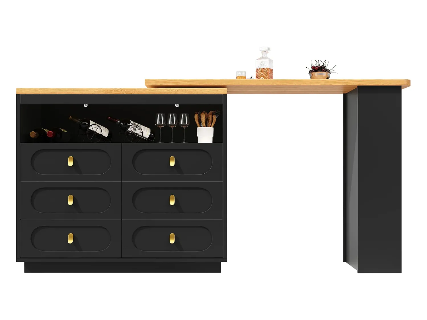 Móvel De Bar|ModernLuxe Móvel de bar de cozinha extensível - e rotação 360° - 203x39x90 cm - 6 gavetas - com prateleiras laterais - Preto