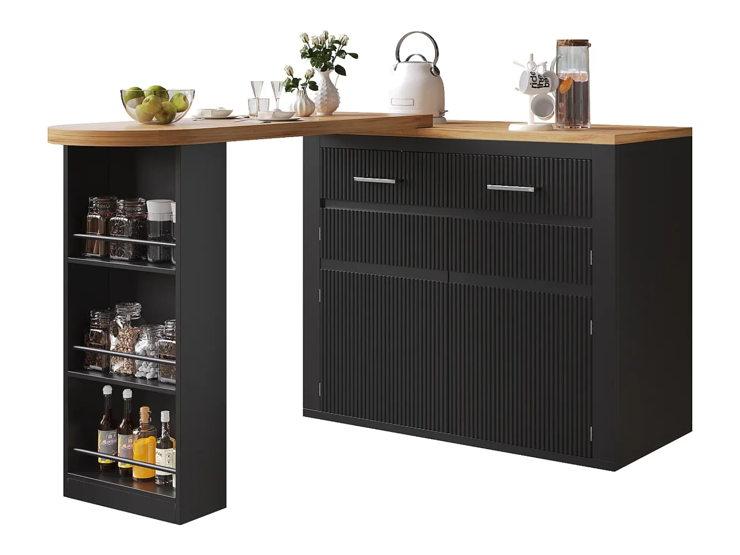 Clearance ModernLuxe Móvel de bar de cozinha extensível - con rotação 360° - 215x39x103cm - 2 portas, 2 gavetas - con prateleiras laterais - Preto
