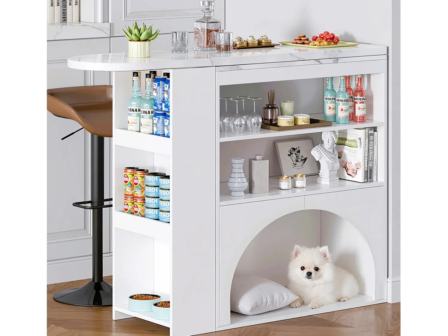Online ModernLuxe Móvel de bar extensível 120 (+80)×40×100 cm - com espaço de descanso para animais - prateleiras abertas - Branco