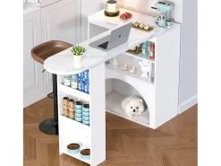 Online ModernLuxe Móvel de bar extensível 120 (+80)×40×100 cm - com espaço de descanso para animais - prateleiras abertas - Branco