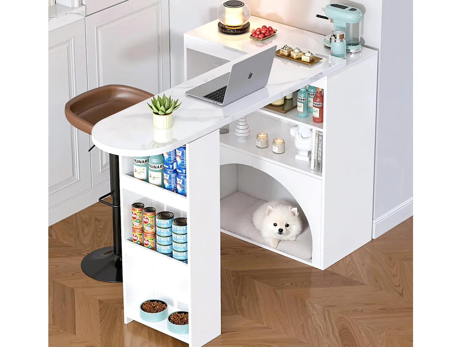 Online ModernLuxe Móvel de bar extensível 120 (+80)×40×100 cm - com espaço de descanso para animais - prateleiras abertas - Branco