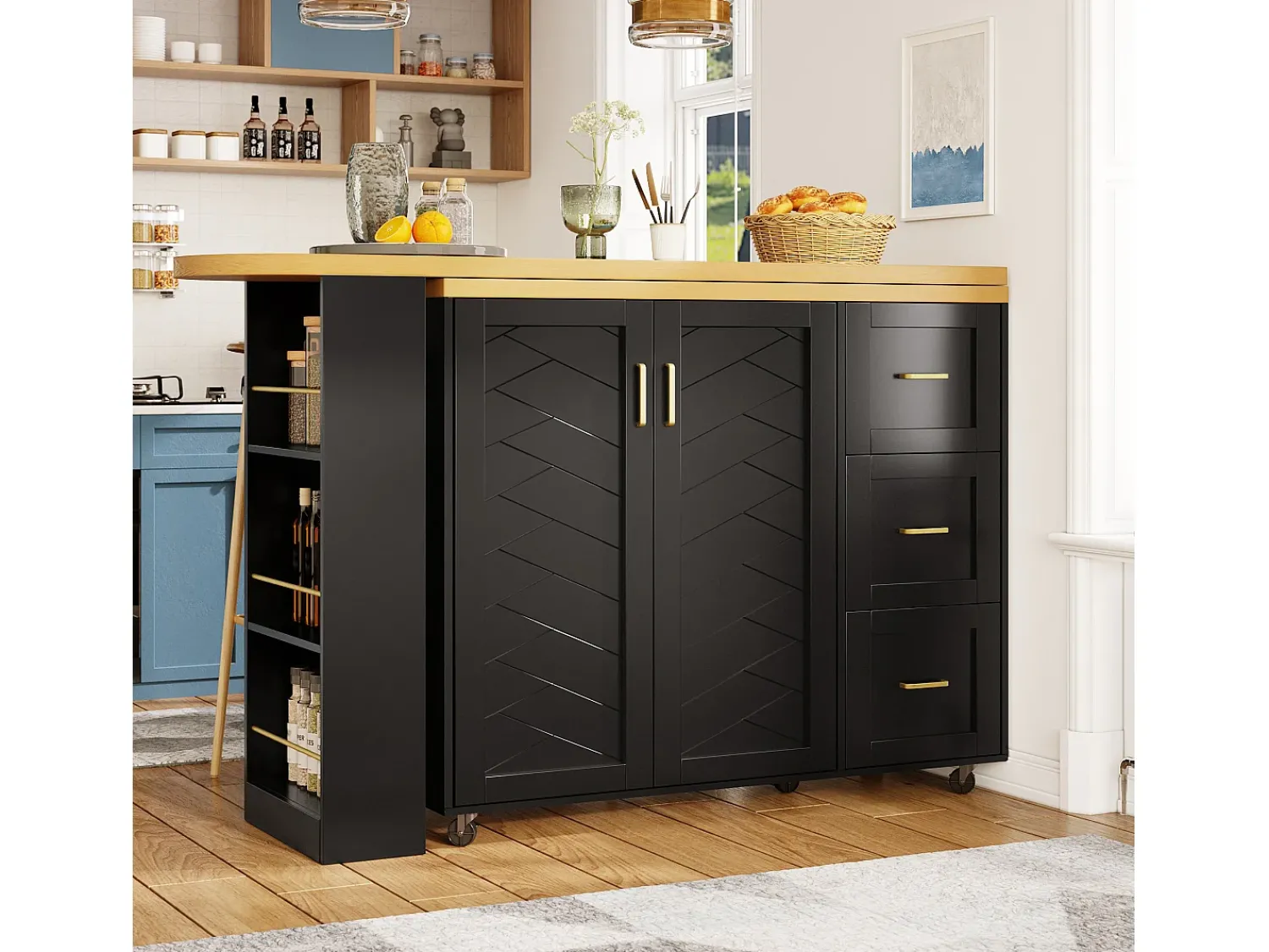 Móvel De Bar|ModernLuxe Móvel de bar extensível - pivotante - 228x39x104cm - con 2 portas e 3 gavetas - con prateleiras laterais - Preto
