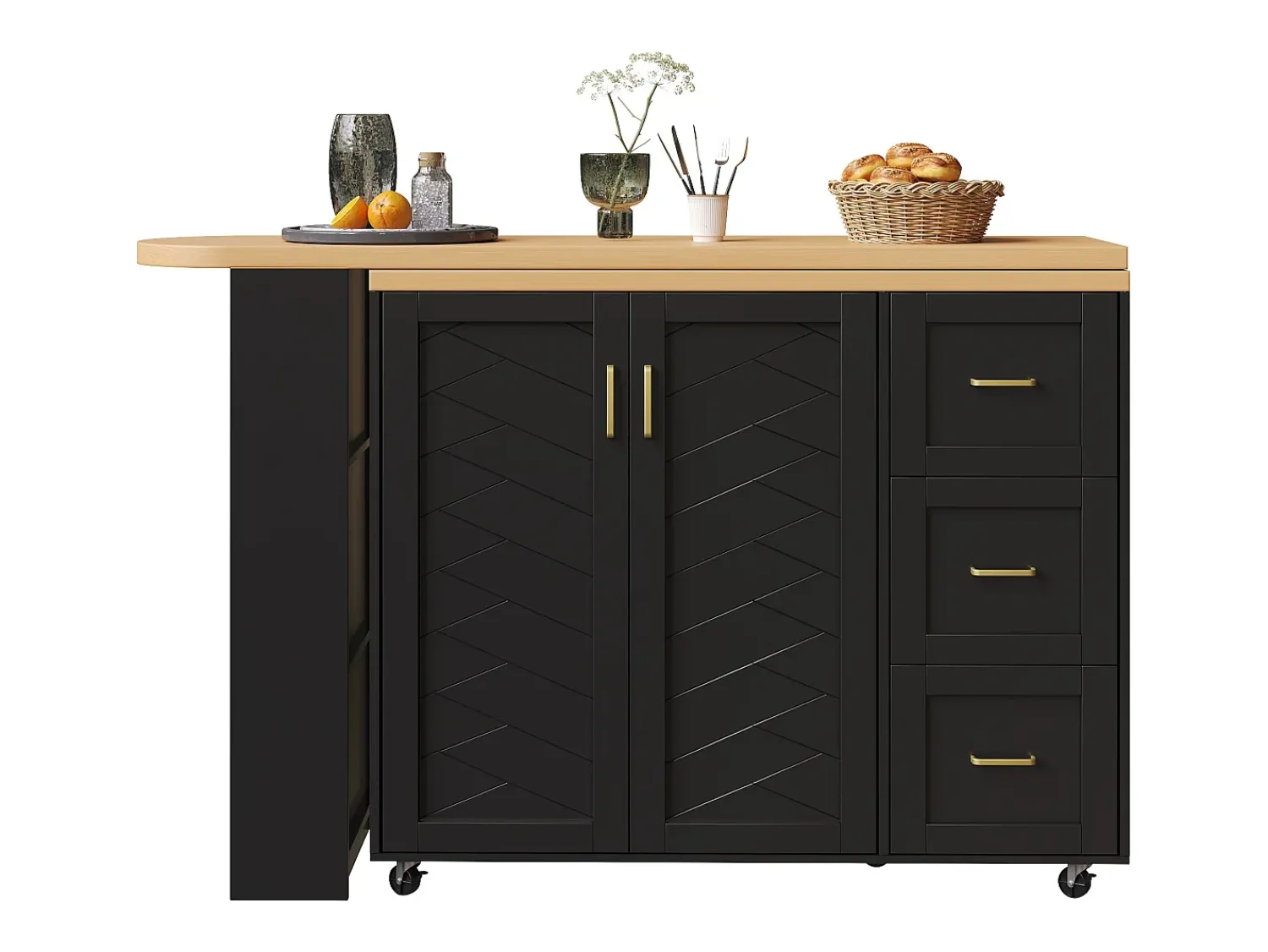 Móvel De Bar|ModernLuxe Móvel de bar extensível - pivotante - 228x39x104cm - con 2 portas e 3 gavetas - con prateleiras laterais - Preto