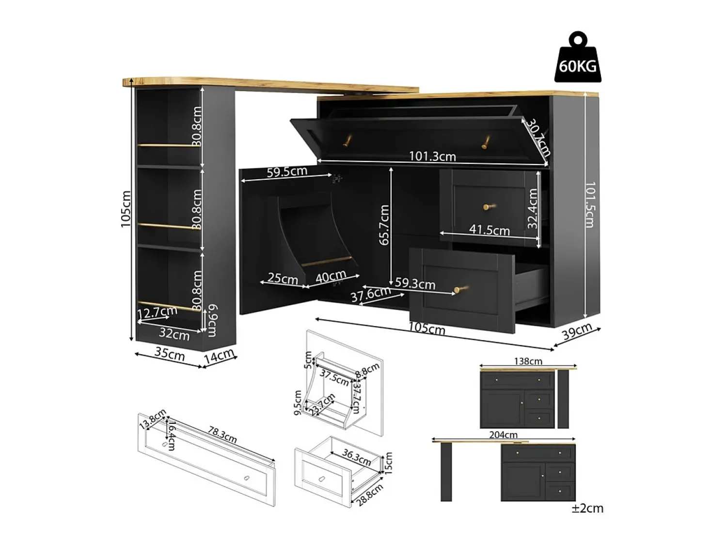 Móvel De Bar|DripeX Móvel de bar extensível giratório - com 2 portas, 2 gavetas e 3 nichos - MDF - 138/204×39×105cm - Preto
