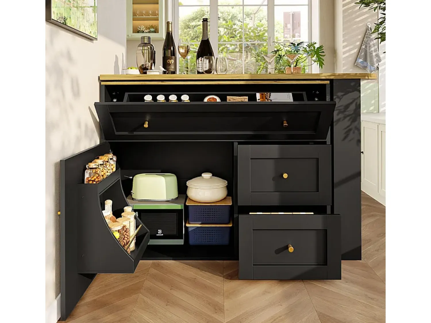 Móvel De Bar|DripeX Móvel de bar extensível giratório - com 2 portas, 2 gavetas e 3 nichos - MDF - 138/204×39×105cm - Preto