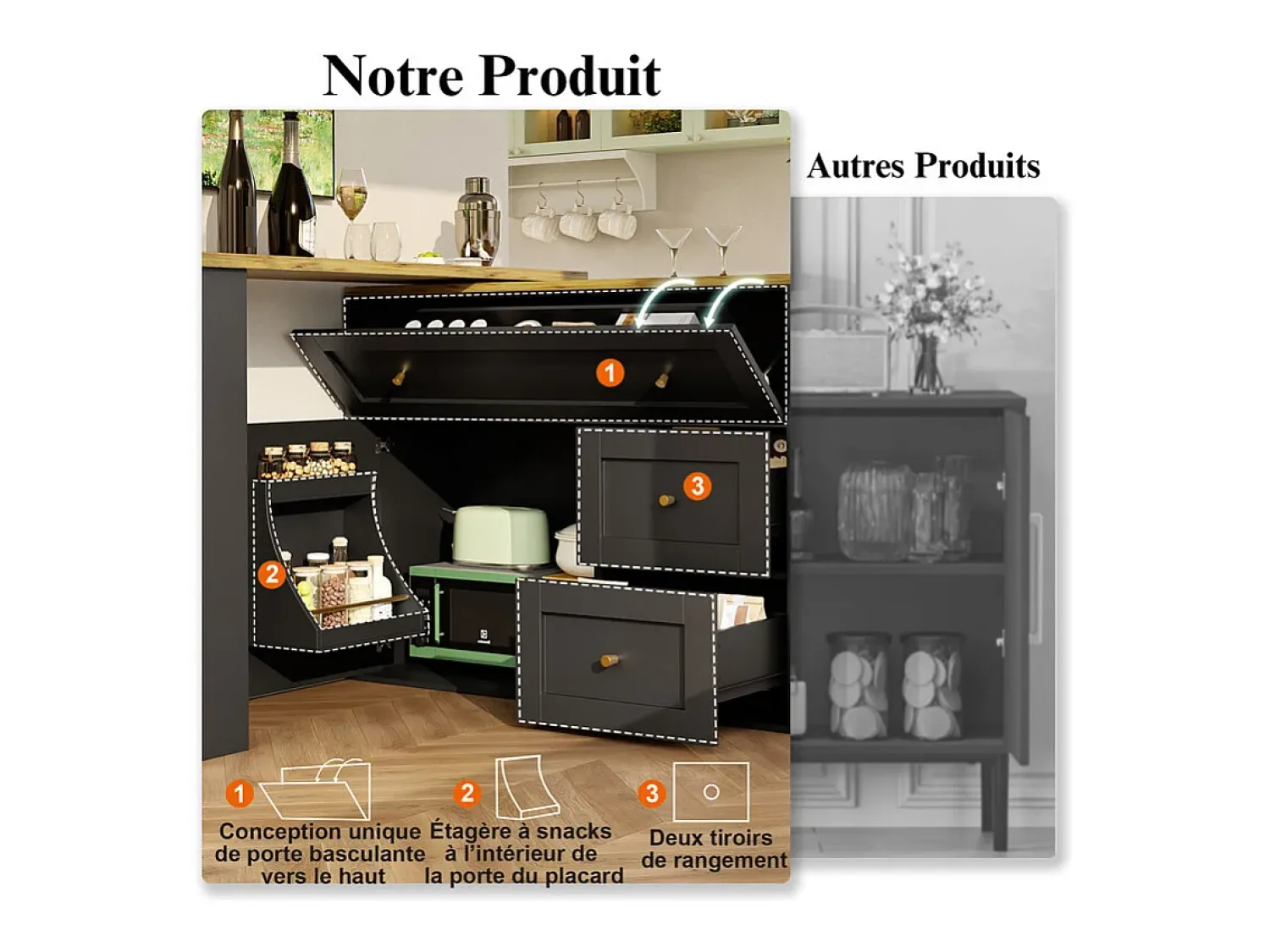 Móvel De Bar|DripeX Móvel de bar extensível giratório - com 2 portas, 2 gavetas e 3 nichos - MDF - 138/204×39×105cm - Preto