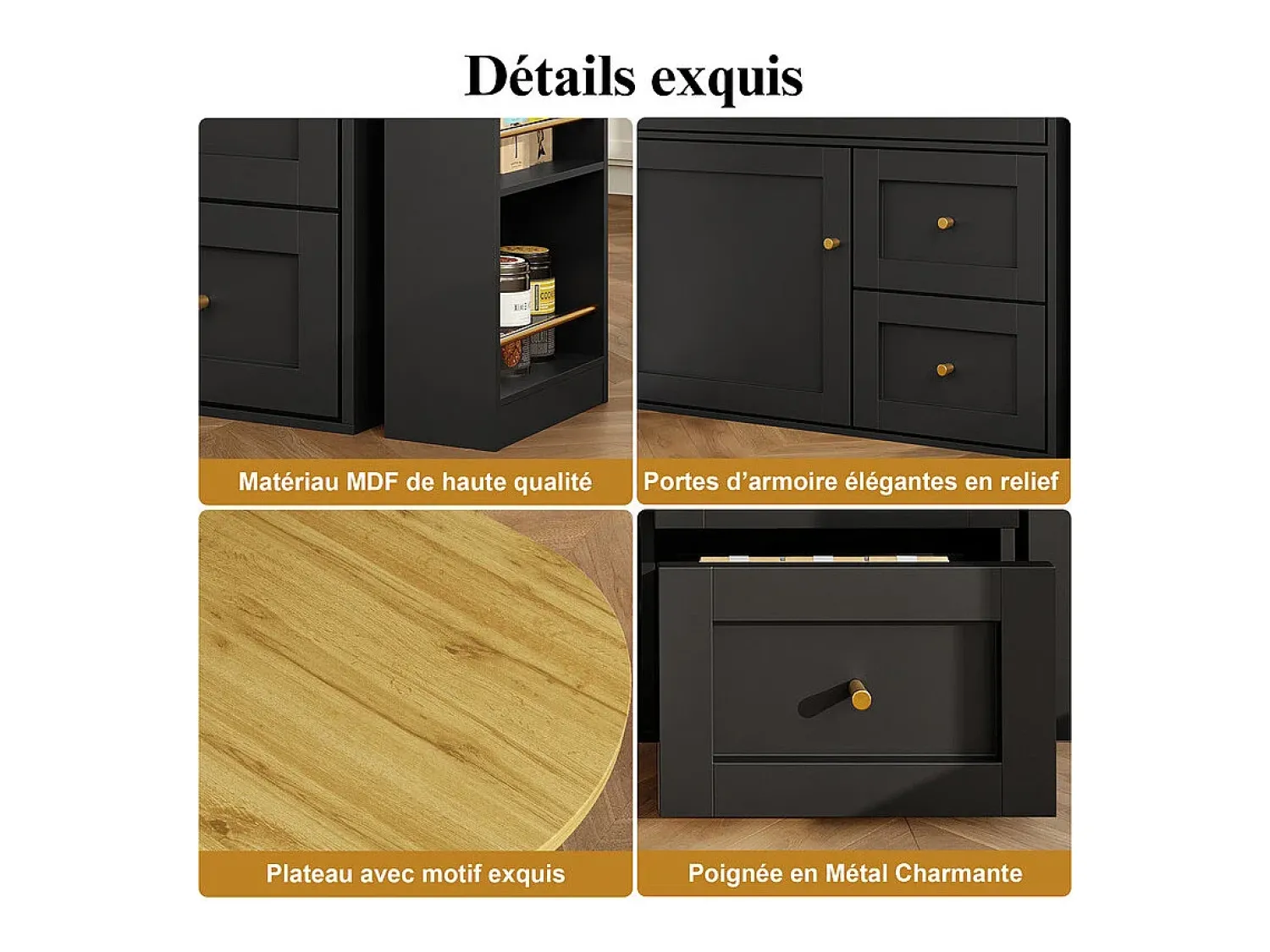 Móvel De Bar|DripeX Móvel de bar extensível giratório - com 2 portas, 2 gavetas e 3 nichos - MDF - 138/204×39×105cm - Preto