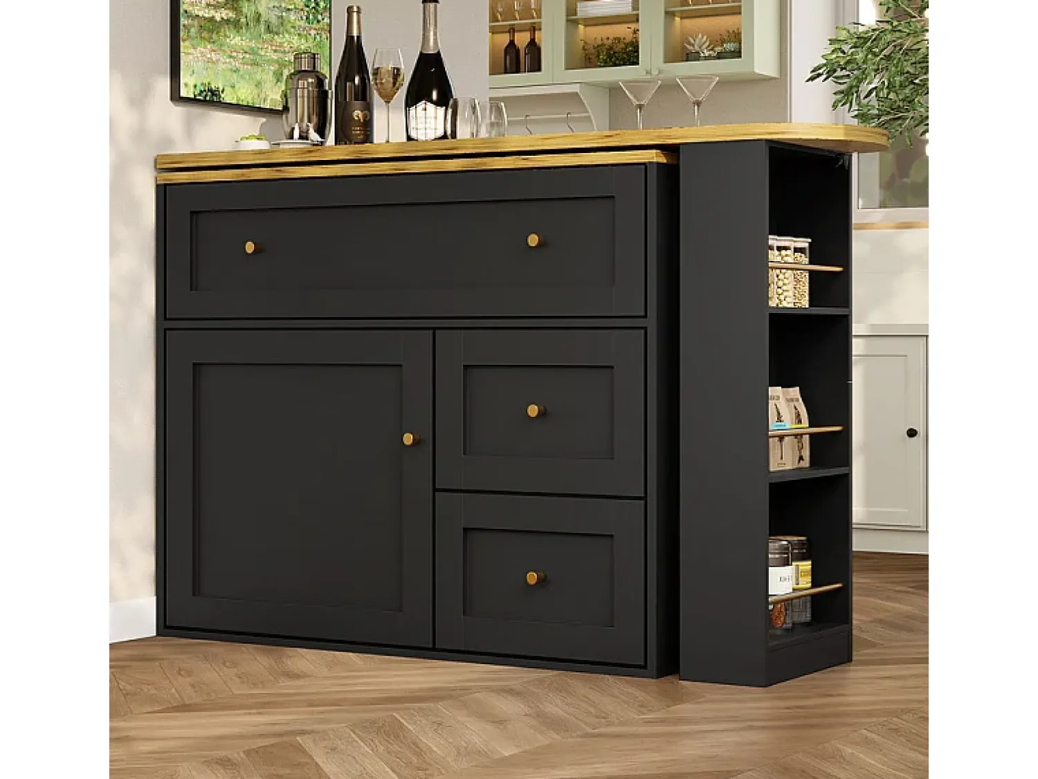 Móvel De Bar|DripeX Móvel de bar extensível giratório - com 2 portas, 2 gavetas e 3 nichos - MDF - 138/204×39×105cm - Preto