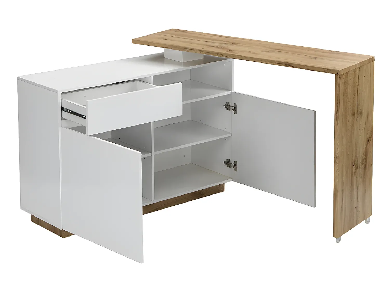 Vente-unique Móvel de bar giratório - 2 portas, 1 gaveta e 1 nicho - MDF - Lacado a branco e carvalho - ELDIR^ Móvel De Bar