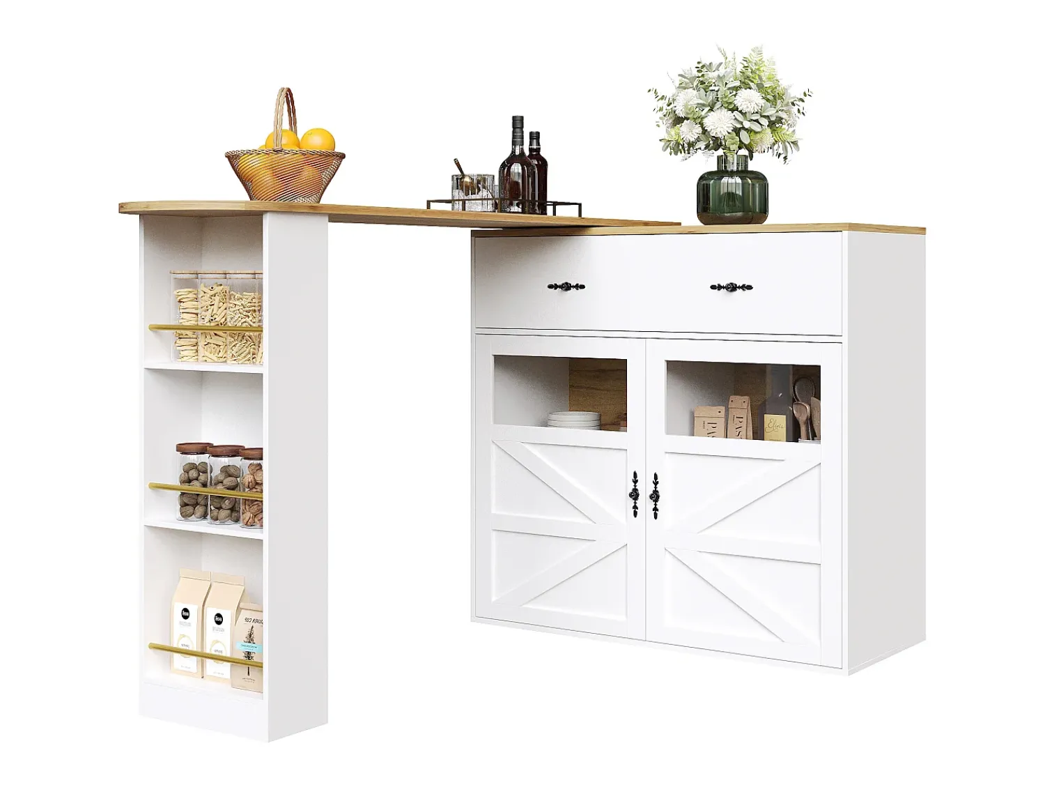 Hot ModernLuxe Móvel de bar giratório 360° e retrátil - com 1 gaveta e 2 portas - prateleiras abertas - + natural Branco