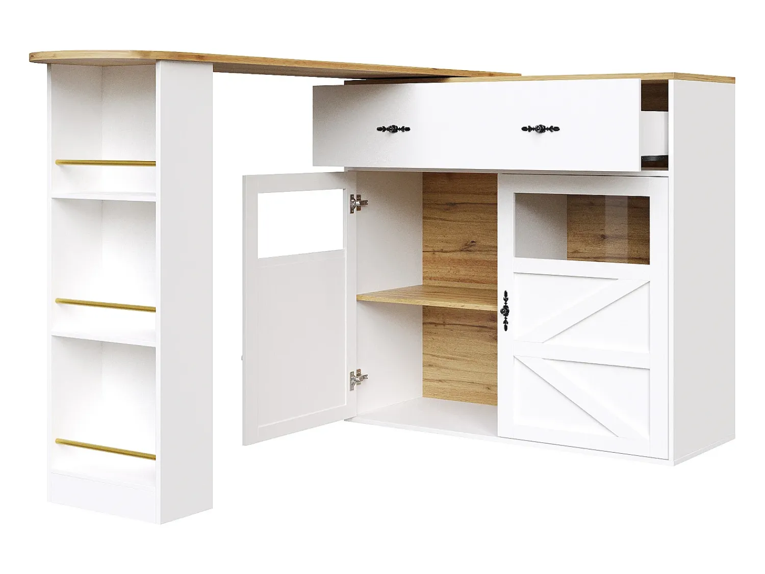 Hot ModernLuxe Móvel de bar giratório 360° e retrátil - com 1 gaveta e 2 portas - prateleiras abertas - + natural Branco