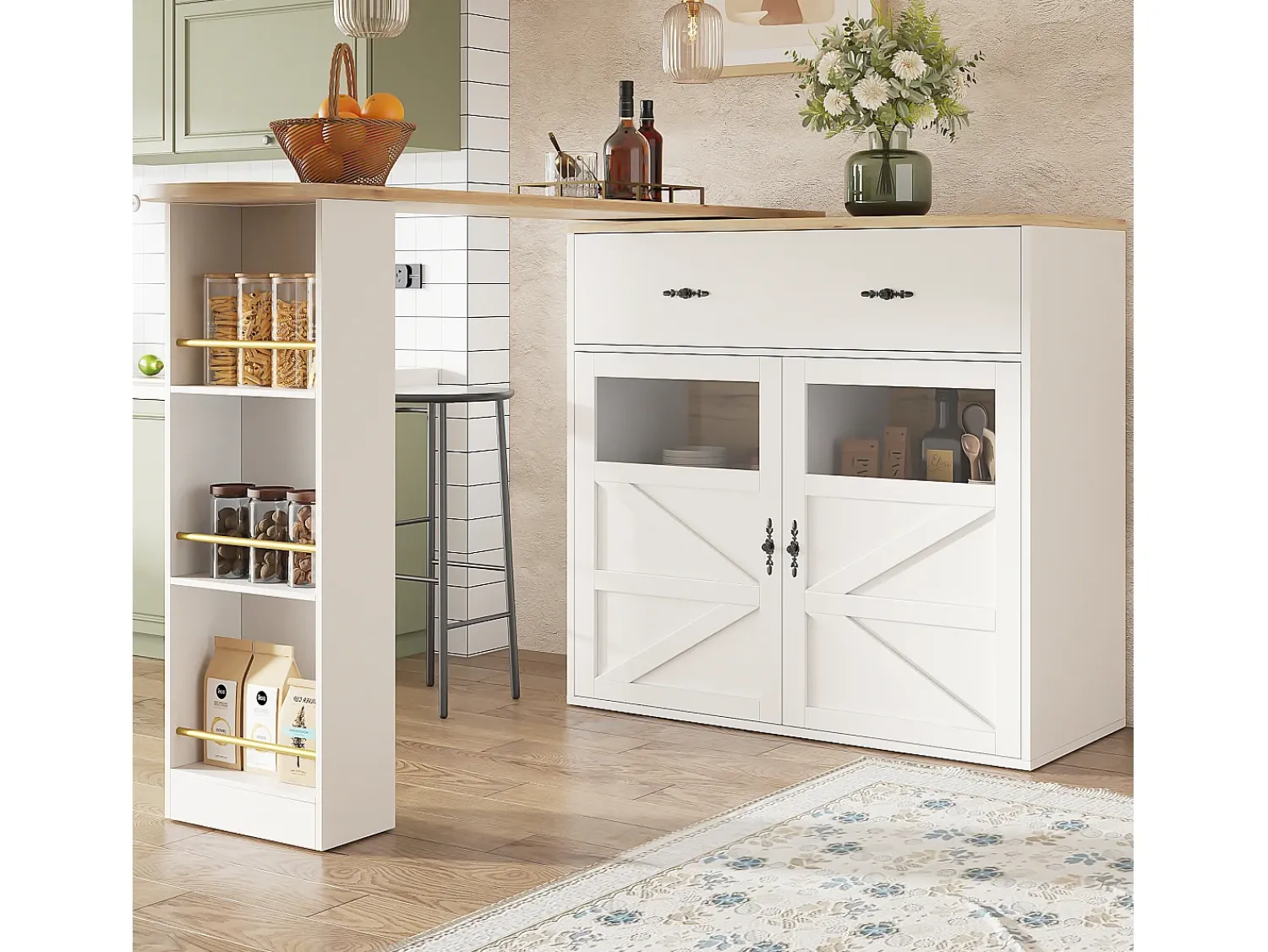 Hot ModernLuxe Móvel de bar giratório 360° e retrátil - com 1 gaveta e 2 portas - prateleiras abertas - + natural Branco