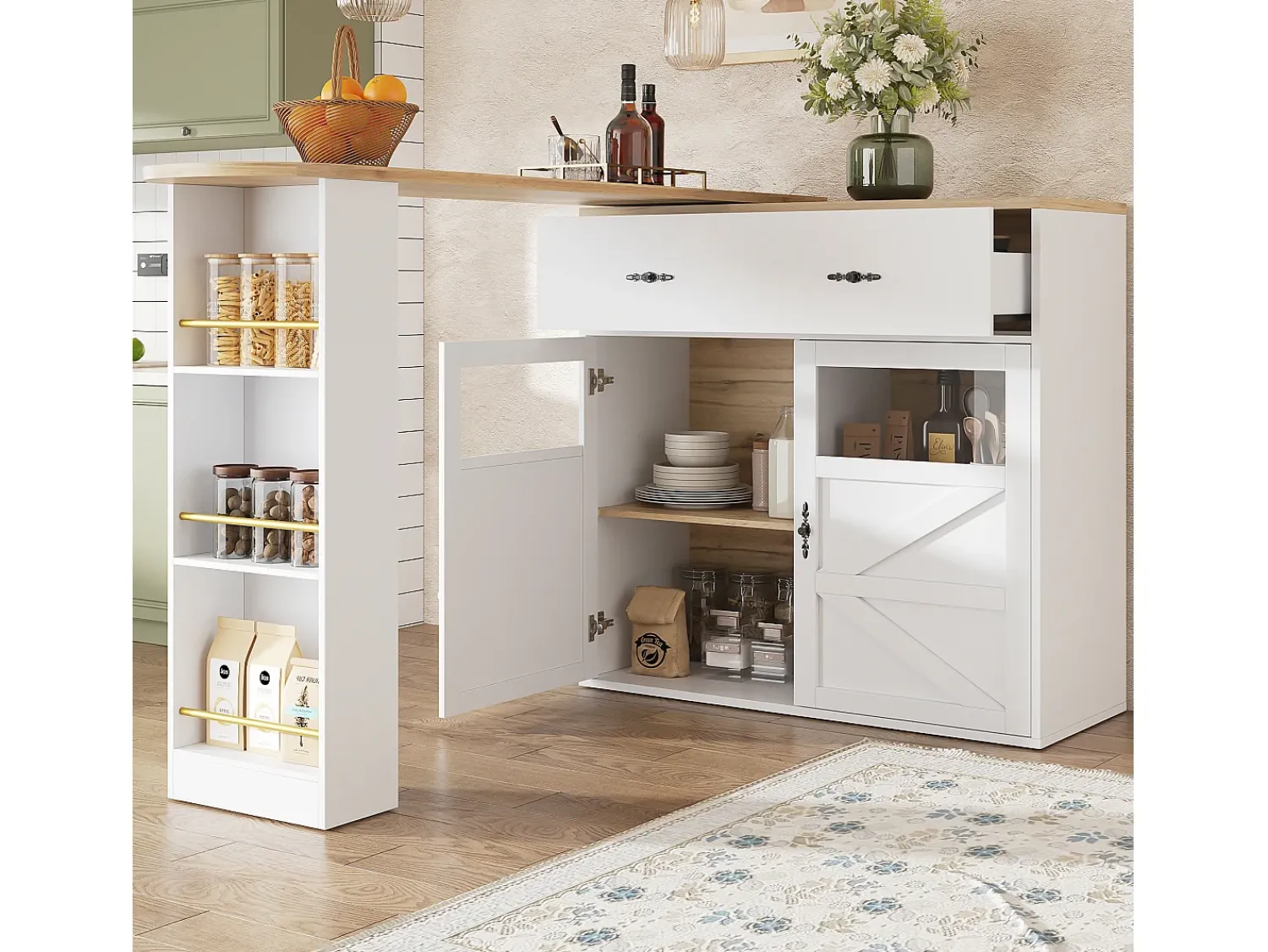 Hot ModernLuxe Móvel de bar giratório 360° e retrátil - com 1 gaveta e 2 portas - prateleiras abertas - + natural Branco