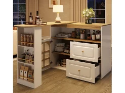 Best ModernLuxe Móvel de bar giratório 360° e retrátil - com 2 gavetas e 1 porta - prateleiras abertas - + natural Branco