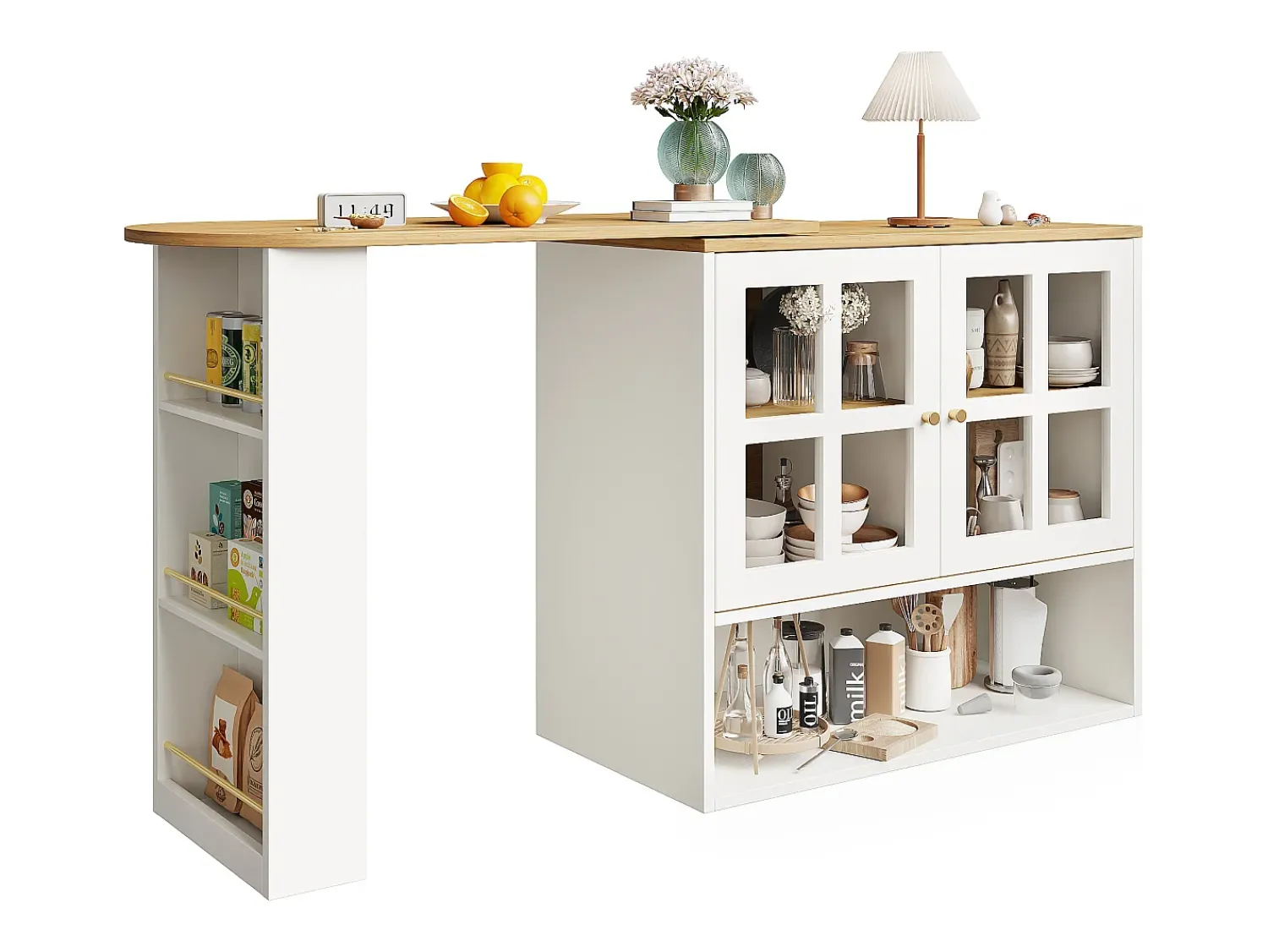 Móvel De Bar|ModernLuxe Móvel de bar giratório 360° e retrátil - com 2 portas e prateleiras abertas - + natural Branco