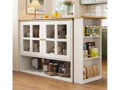 Móvel De Bar|ModernLuxe Móvel de bar giratório 360° e retrátil - com 2 portas e prateleiras abertas - + natural Branco