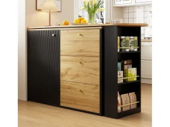 Móvel De Bar|ModernLuxe Móvel de bar giratório 360° e retrátil - com 3 gavetas e 1 porta - prateleiras abertas - + natural Preto