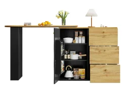 Móvel De Bar|ModernLuxe Móvel de bar giratório 360° e retrátil - com 3 gavetas e 1 porta - prateleiras abertas - + natural Preto