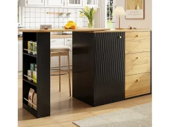 Móvel De Bar|ModernLuxe Móvel de bar giratório 360° e retrátil - com 3 gavetas e 1 porta - prateleiras abertas - + natural Preto