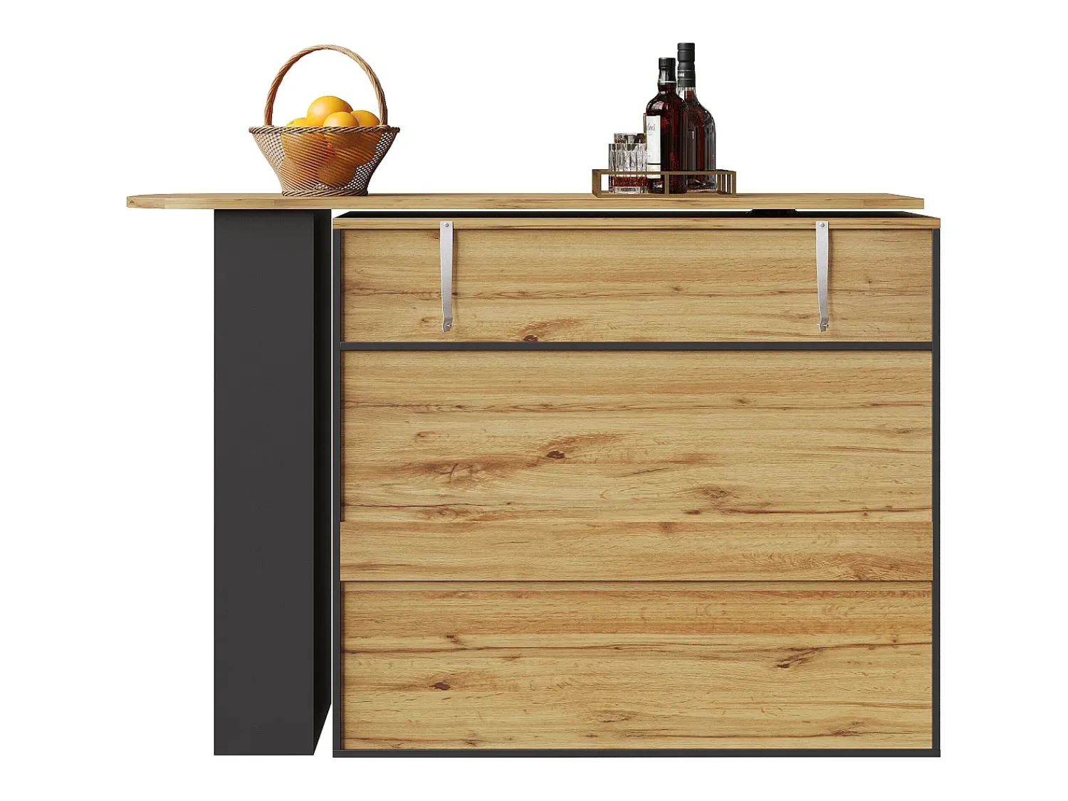 Móvel De Bar|ModernLuxe Móvel de bar giratório 360° e retrátil - com 1 gaveta e 2 portas - prateleiras abertas - + natural Preto