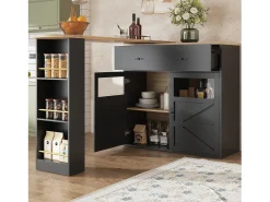 Móvel De Bar|ModernLuxe Móvel de bar giratório 360° e retrátil - com 1 gaveta e 2 portas - prateleiras abertas - + natural Preto