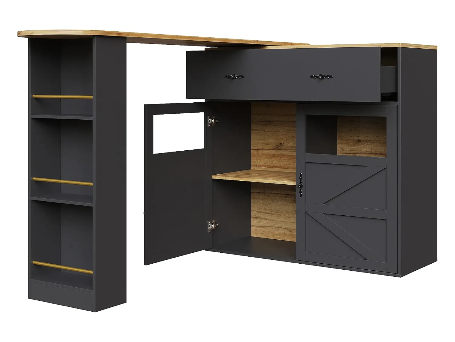 Hauss Spole Móvel de bar giratório com 1 gaveta larga e 2 portas, prateleira lateral de três níveis incluída, - 204x39x104cm^ Móvel De Bar
