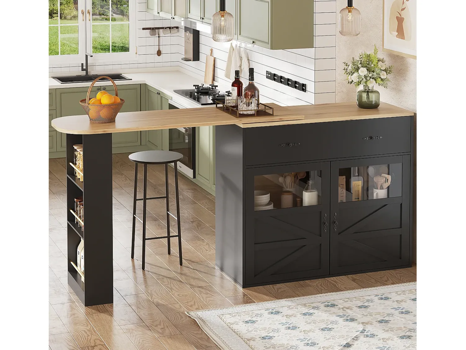 Hauss Spole Móvel de bar giratório com 1 gaveta larga e 2 portas, prateleira lateral de três níveis incluída, - 204x39x104cm^ Móvel De Bar