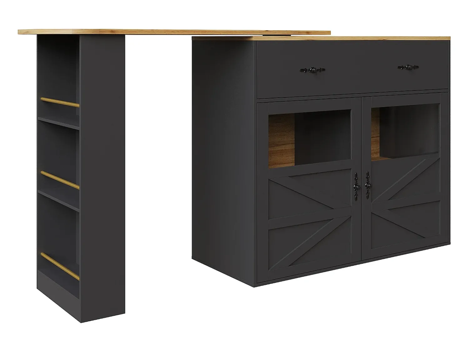 Hauss Spole Móvel de bar giratório com 1 gaveta larga e 2 portas, prateleira lateral de três níveis incluída, - 204x39x104cm^ Móvel De Bar