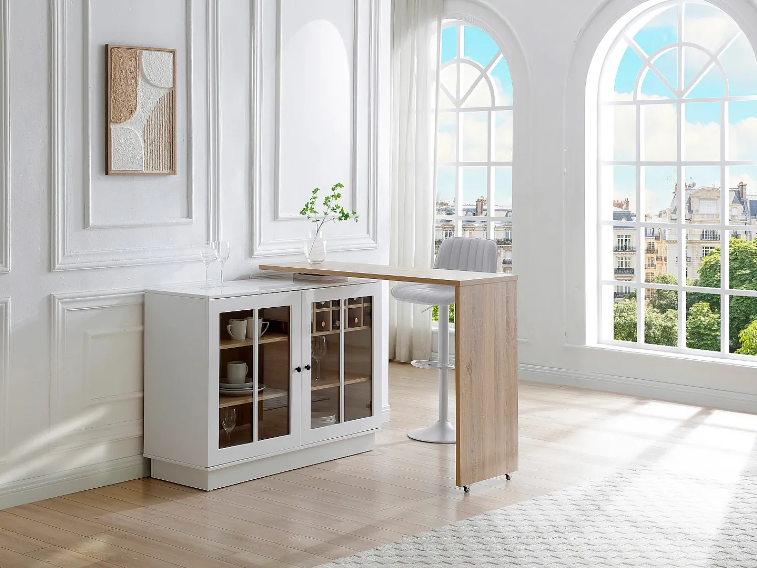 Móvel De Bar*Vente-unique Móvel de bar giratório com arrumação em MDF, vidro temperado branco e natural - ARAMETA Natural claro / Branco