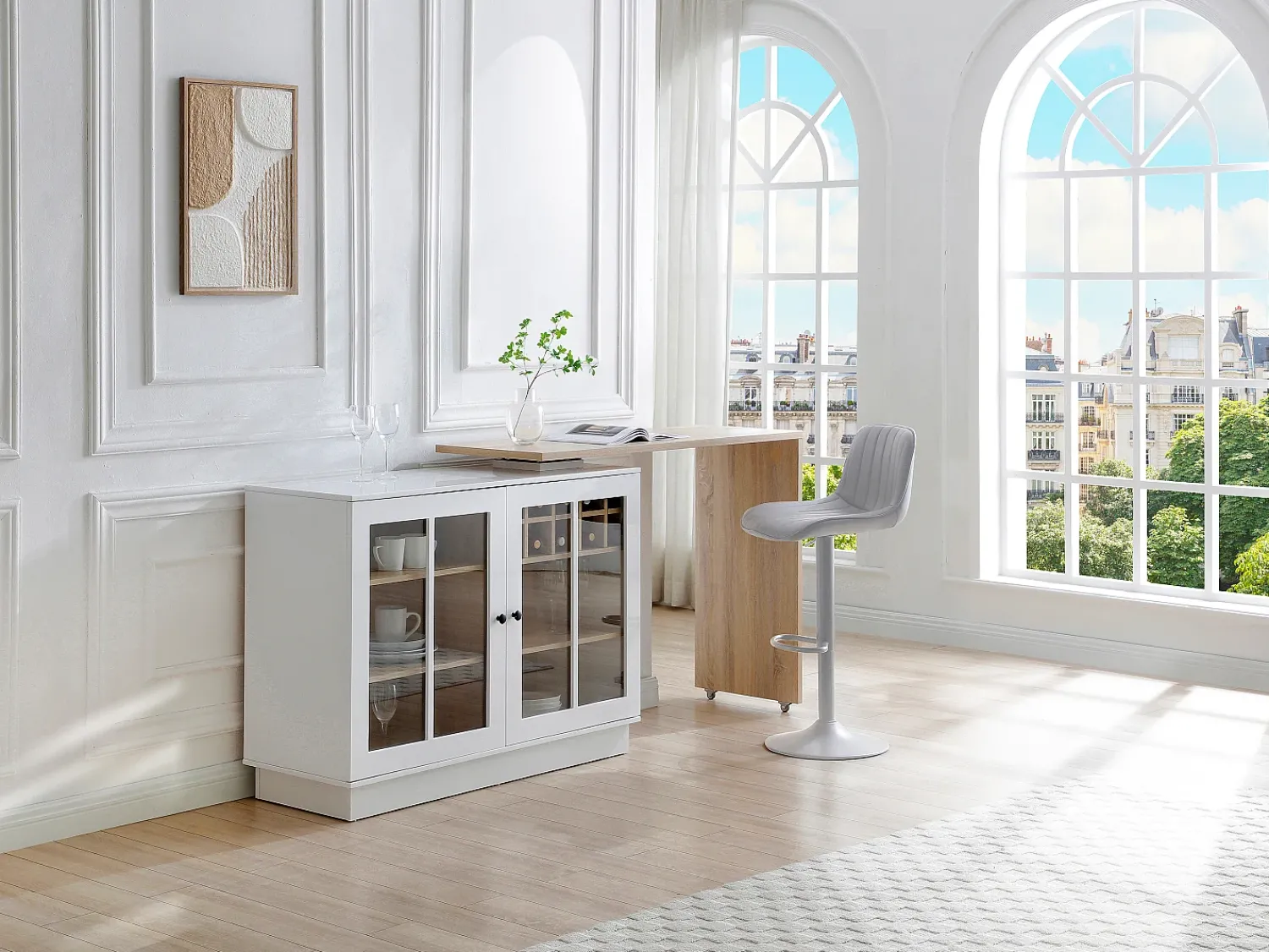 Móvel De Bar*Vente-unique Móvel de bar giratório com arrumação em MDF, vidro temperado branco e natural - ARAMETA Natural claro / Branco