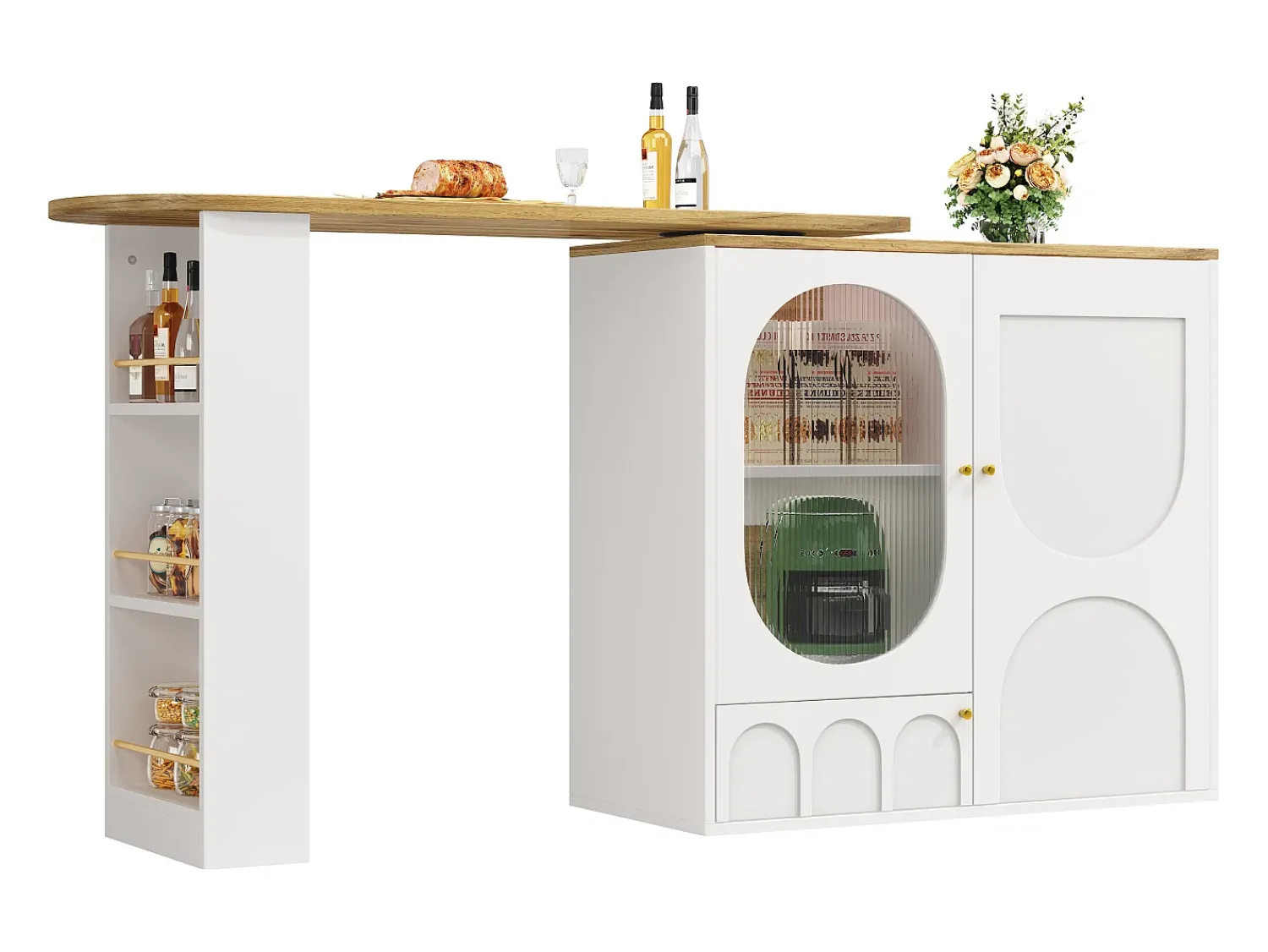 Móvel De Bar*ModernLuxe Móvel de bar giratório e recolhível 360° - 204×39×105 cm - 3 portas - prateleiras abertas - Branco