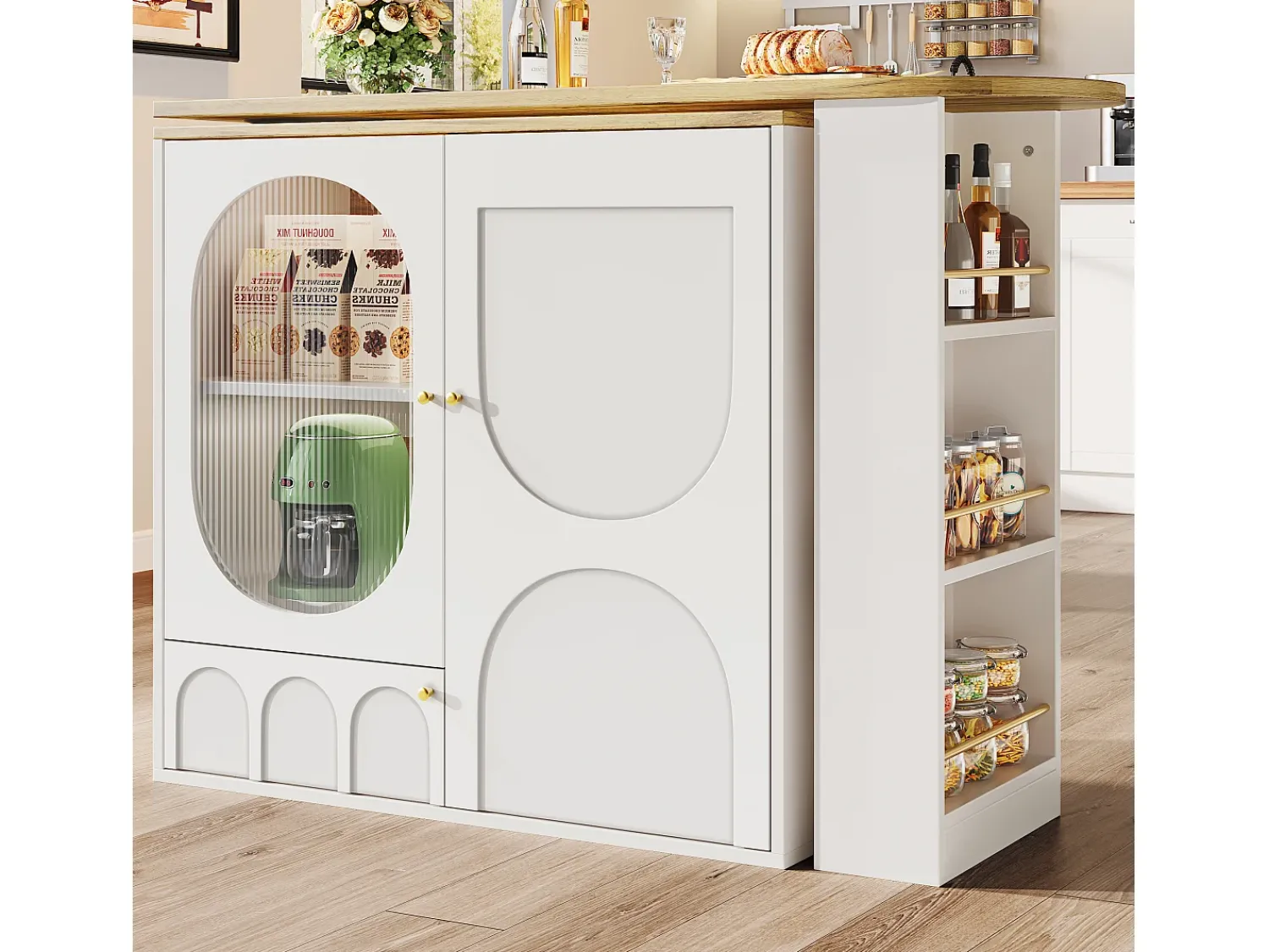Móvel De Bar*ModernLuxe Móvel de bar giratório e recolhível 360° - 204×39×105 cm - 3 portas - prateleiras abertas - Branco