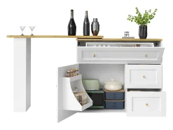 Móvel De Bar|ModernLuxe Móvel de bar giratório moderno 360° - 204×39×105 cm - 2 gavetas e 2 portas - com prateleiras laterais - mesa extensível - Branco