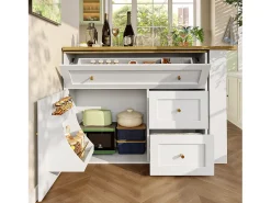 Móvel De Bar|ModernLuxe Móvel de bar giratório moderno 360° - 204×39×105 cm - 2 gavetas e 2 portas - com prateleiras laterais - mesa extensível - Branco
