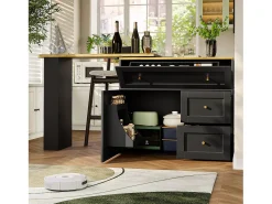 Móvel De Bar*ModernLuxe Móvel de bar giratório moderno 360° - 204×39×105 cm - 2 gavetas e 2 portas - com prateleiras laterais - mesa extensível - Preto