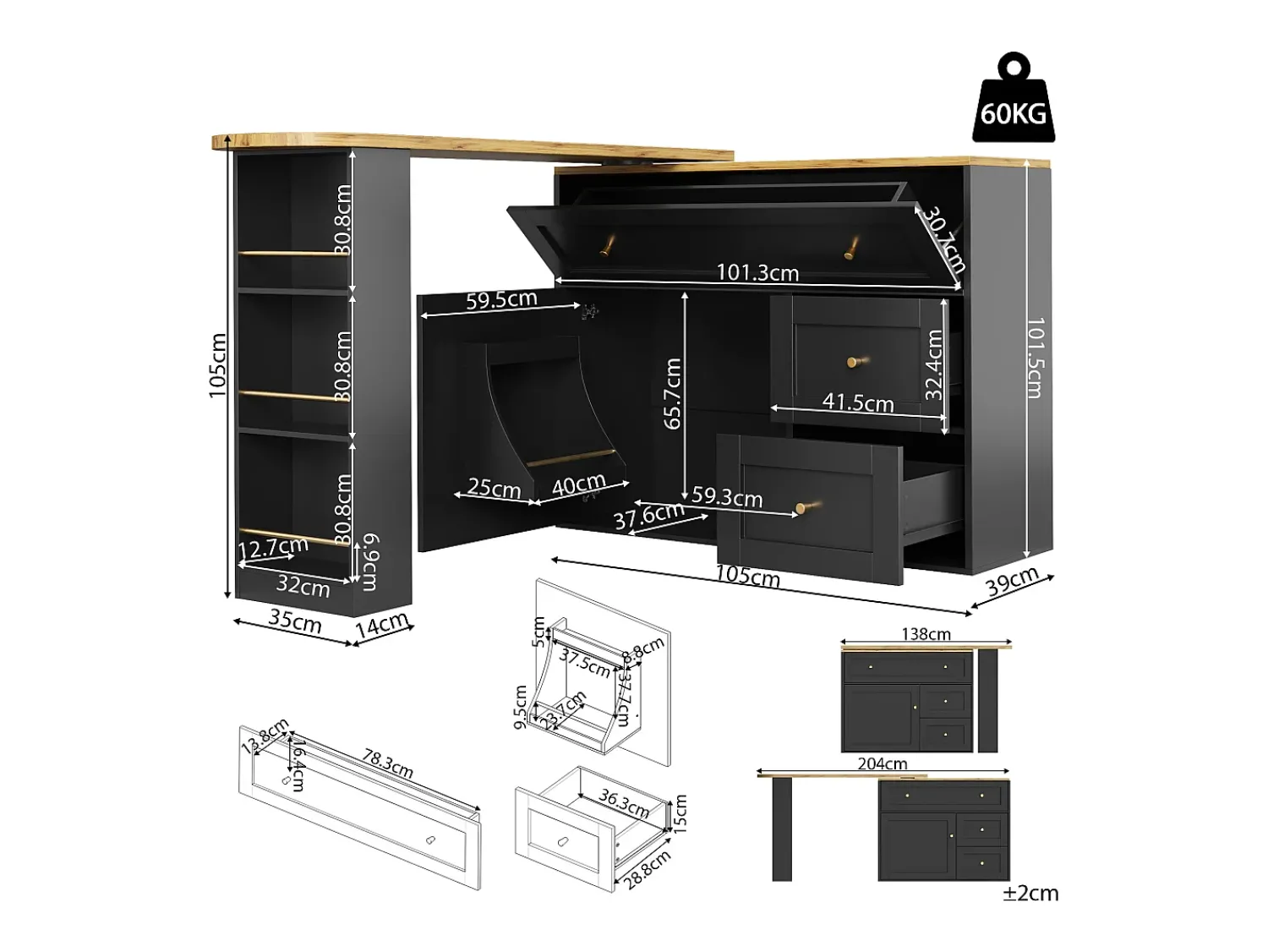 Móvel De Bar*ModernLuxe Móvel de bar giratório moderno 360° - 204×39×105 cm - 2 gavetas e 2 portas - com prateleiras laterais - mesa extensível - Preto