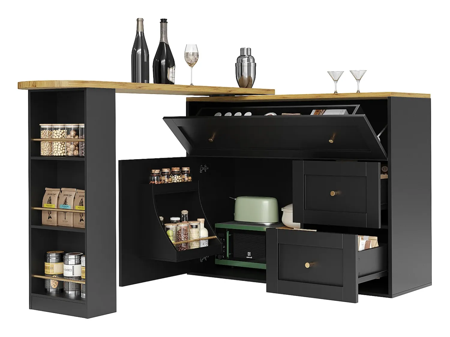 Móvel De Bar*ModernLuxe Móvel de bar giratório moderno 360° - 204×39×105 cm - 2 gavetas e 2 portas - com prateleiras laterais - mesa extensível - Preto