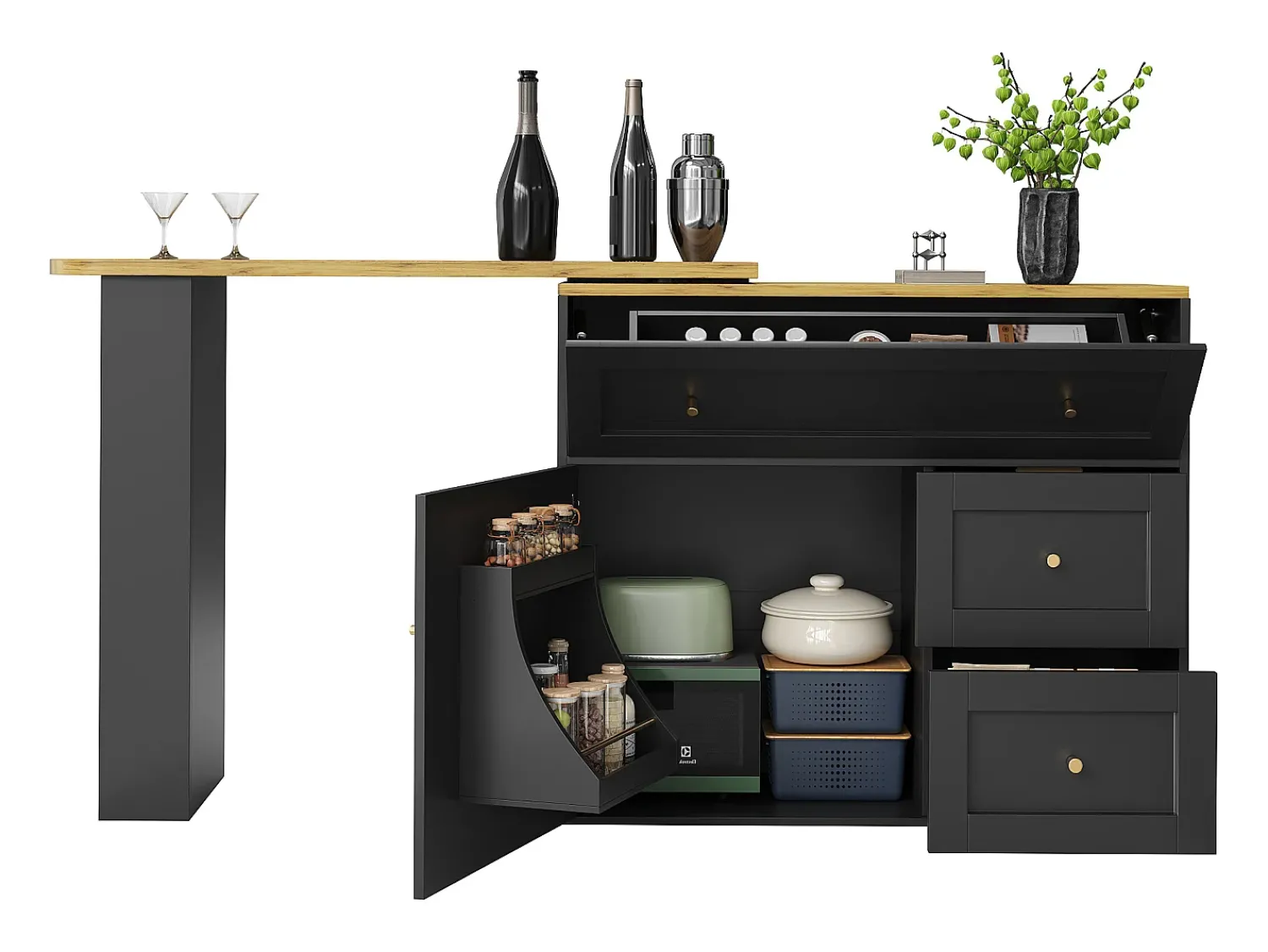Móvel De Bar*ModernLuxe Móvel de bar giratório moderno 360° - 204×39×105 cm - 2 gavetas e 2 portas - com prateleiras laterais - mesa extensível - Preto