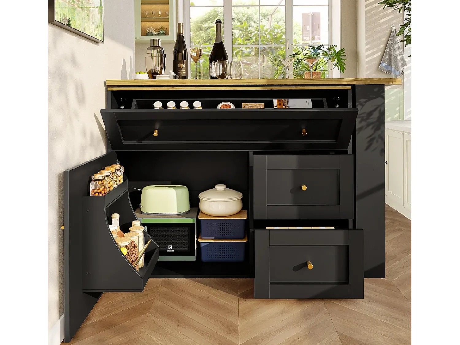Móvel De Bar*ModernLuxe Móvel de bar giratório moderno 360° - 204×39×105 cm - 2 gavetas e 2 portas - com prateleiras laterais - mesa extensível - Preto