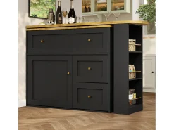 Móvel De Bar*ModernLuxe Móvel de bar giratório moderno 360° - 204×39×105 cm - 2 gavetas e 2 portas - com prateleiras laterais - mesa extensível - Preto