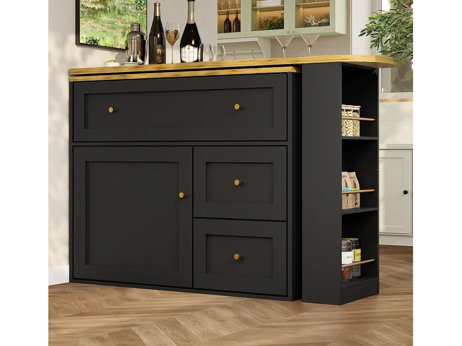 Móvel De Bar*ModernLuxe Móvel de bar giratório moderno 360° - 204×39×105 cm - 2 gavetas e 2 portas - com prateleiras laterais - mesa extensível - Preto