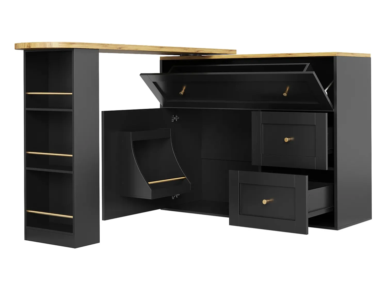 Móvel De Bar*ModernLuxe Móvel de bar giratório moderno 360° - 204×39×105 cm - 2 gavetas e 2 portas - com prateleiras laterais - mesa extensível - Preto